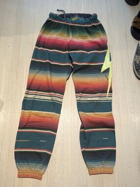 Aviator Nation Multicolor Striped Track Pants with Neon Lightning Bolt